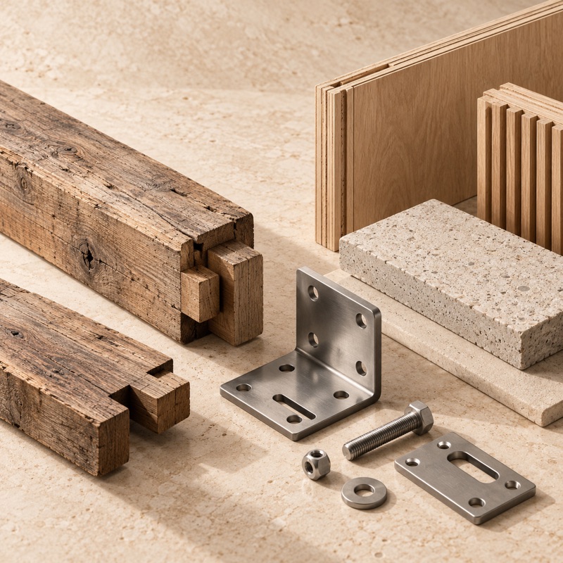 Illustration of reclaimed timber joinery, modular panels, stone, and removable metal fasteners.