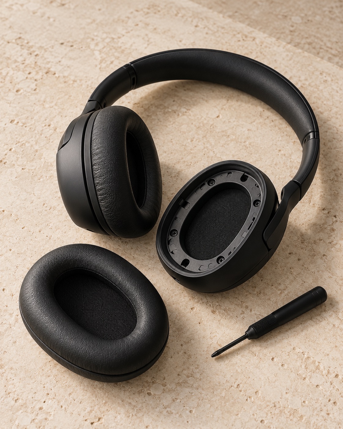 Illustration of modern black headphones with a removable ear cushion on a warm stone surface.