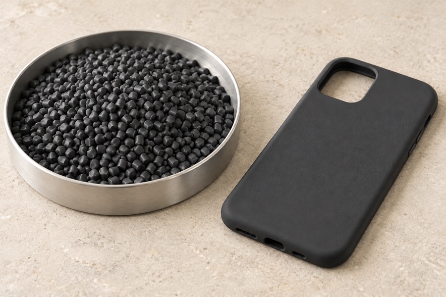Illustration of charcoal polymer pellets beside a modern phone case.